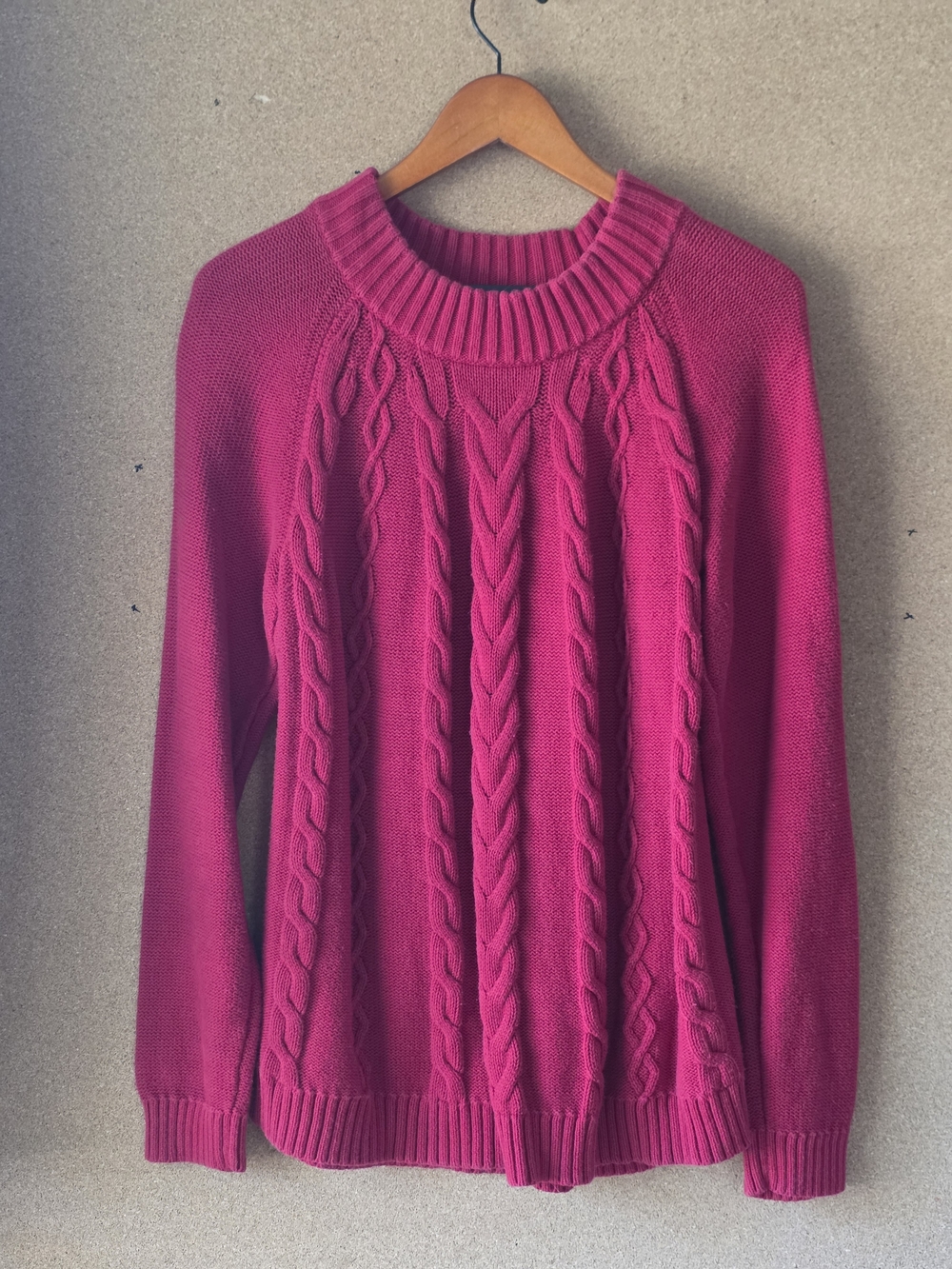 Talbots Pink Red Cotton Cable Knit Crewneck Raglan Sweater Size Large L